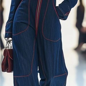 Brand new with tags❤️ casual loose retro red topstitched denim wide leg jumpsuit